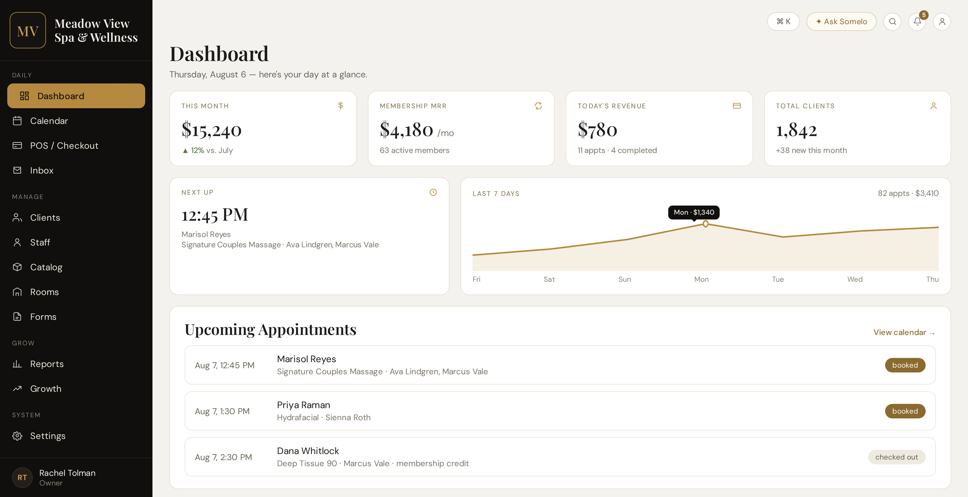 Somelo owner dashboard showing this month's revenue, membership recurring revenue, today's revenue, total clients, last seven days of bookings, and the upcoming appointment list by provider